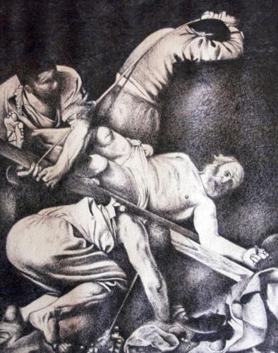 036 - Ilaria-Commendatore - La-crocifissione-di-San-Pietro - 22x33-cm - Penna-bic-su-carta