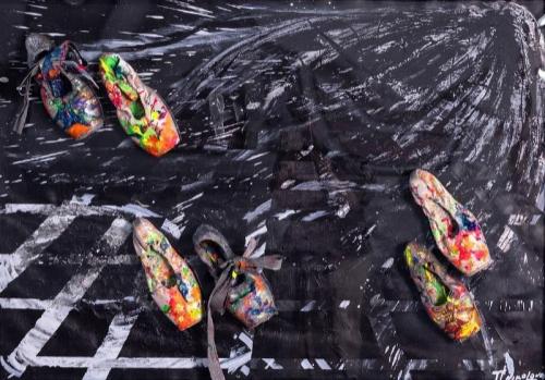 Pittura - Nikolova Teodora - Dance in the universe - 100x70 cm - Acrylic paints, restored ballet slippers with paints, resin and brocade