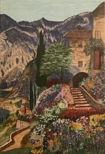 Pittura - 329 - Monique-Keryhuel - Paysage-inspire-d-une-photo-du-Lac-De-Come - 50x70-cm - Acrylique-sur-toile