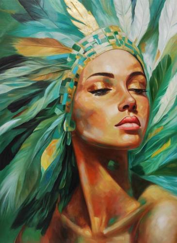 Pittura - 345 - Magdalena-Laabs - Mysterious-Beauty-with-Feather-Crown - 70x100-cm - Oil-painting-stretched-on-canva-framed