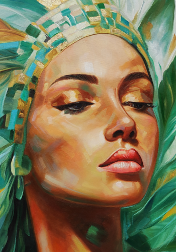 Pittura - 345 - Magdalena-Laabs - Mysterious-Beauty-with-Feather-Crown - 70x100-cm - Oil-painting-stretched-on-canva-framed