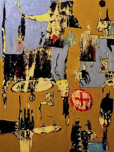 Pittura - 353 - Leonardo-Lanzolla - Vibrazioni-tribali-su-muro-urbano-1 - 30x40-cm - Cera-e-olio-su-tela