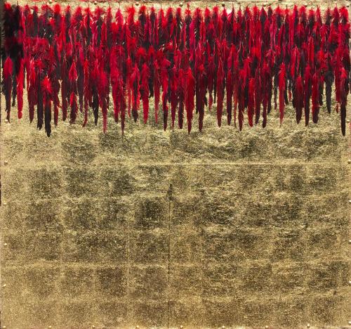 Pittura - 498 - Angelica-Pedini - Red-Feathers - 150x150-cm - Juta-e-foglia-oro