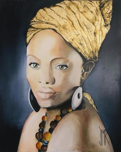 Pittura - 573 - Jean-Marc-Roumejon - Africaine-une-nuit - 81x100-cm - Huile-et-feuille-dor-sur-toile