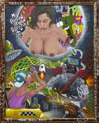 Pittura - 583 - Mat-Jeferson-Sanchez-Cortes - Distraidos - 150x108-cm - Tecnica-mixta-70-oleo-30-spray-y-rotuladores-montana