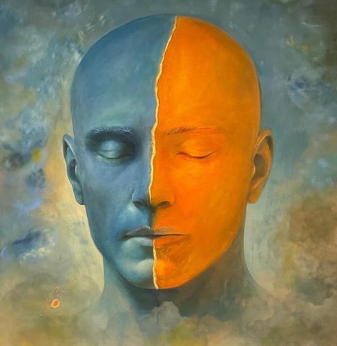 Pittura - Bevilacqua-Giuseppe - 0259 - Equilibrio-del-paradosso - Tecnica-mista-su-tela-e-oro-24k-la-crepa-sul-volto-opera-2 3-trittico - 80x80-cm