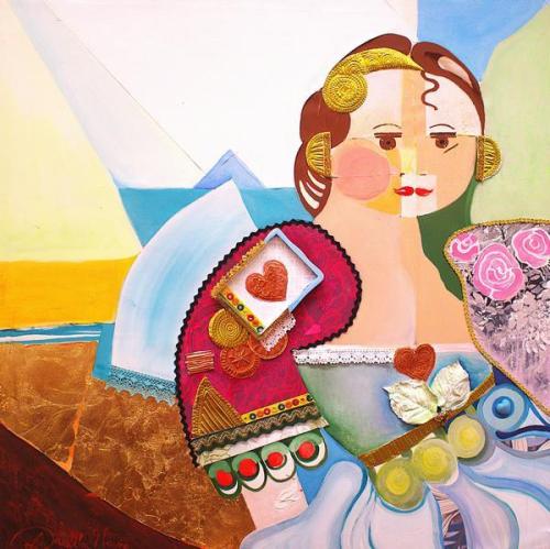 Pittura - Mauro-Daniela-Danim - 0743 - Io-2025 - Mista-con-merletti-foglia-oro-carta-lamina-oro-rame-resina-e-oggetti - 120x120-cm