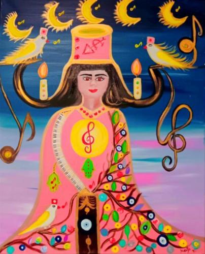 Pittura - Melliti-Haifa - 0556 - La-Deesse-des-Lunes-et-des-lumieres - Acrylique-et-huile-sur-toile - 70x60-cm