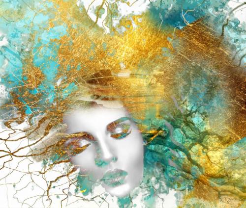 217-Elia-Simona-The-Vibrating-Burst-of-Mother-Nature-Dipinto-digitale-su-immagini-ritagli-di-foglia-doro-100x100-cm