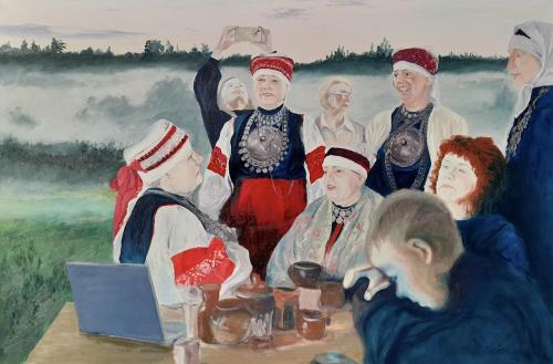VideoEsposizione - Pittura - Margus-Veisveer - 202 - Setos-teaching-the-Seto-Language-to-AI - Oil-on-canvas - 120x80-cm