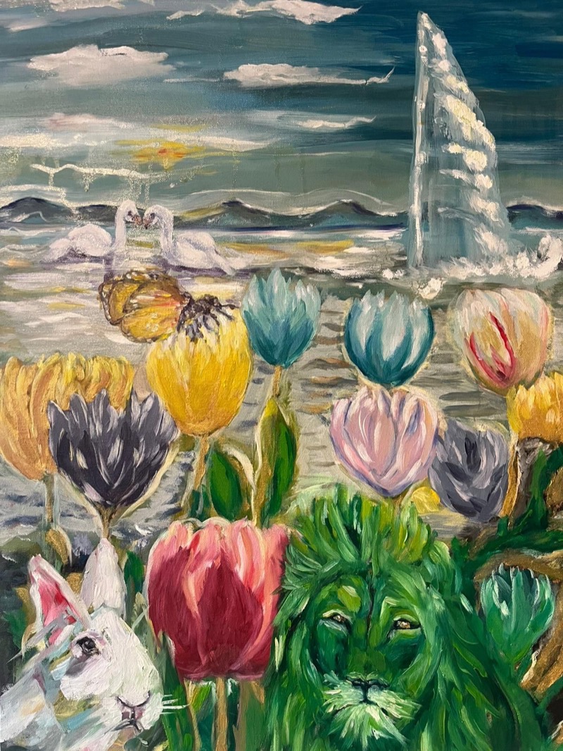 Tulips morges & the jet d‘eau geneva by Cadayday Arline (Charline Cadayday) | painting, contemporary art, TSBarcellona26