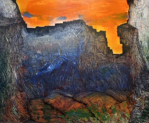 Baylet-Catherine- - 002 - Paysage-transfigure - 73x60-cm - Acrylique-au-couteau-dessin-a-lencre-noire-indelebile-sur-toile