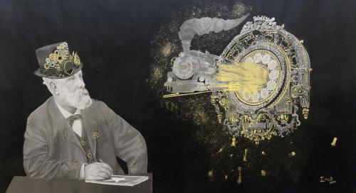 Berenguer-Aurore-Ʃnuo - 345 - Jules-Verne-Dans-lere-du-temps - 110x65-cm - Graphite-peinture-feuille-dor