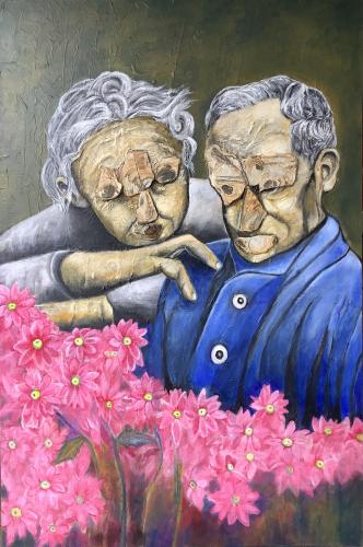 Block-Jurgen- - 323 - Chrysanthemum-flowers - 150x100-cm - Unpainted-Stones-Chinese-rice-paper-Acryl-on-Canvas