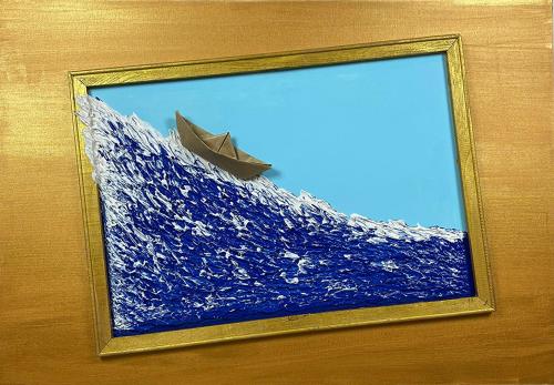 Cetin-Rukiye-Busra-Rukiy - 257 - Das-Papierschiffchen-in-den-Wellen - 70x100-cm - Acrylfarbe-Spachtelmasse-Rahmen-und-Papierschiffchen