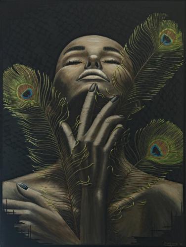 De-Leeuw-Marianne- - 402 - State-of-Mind - 60x80-cm - Acrylic-on-linen-details-of-the-feathers-are-made-with-pearl-paint
