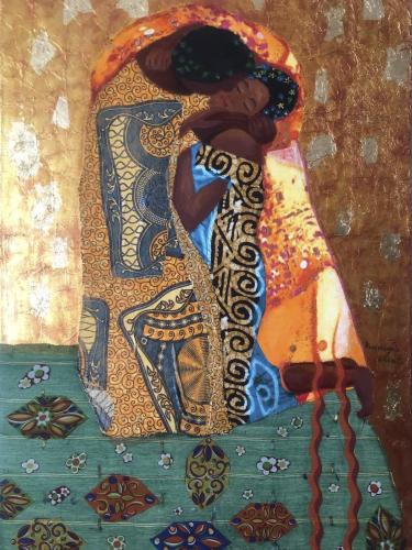 200 - Paola-Corgatelli- - Omaggio-a-Klimt - 70x100-cm - Tessuti-africani-acrilici-olio