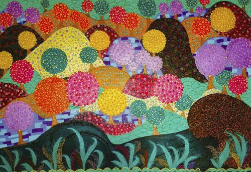 265 - Florence-Doucende-Flod - Eve-and-the-golden-mele-trees - 116x81-cm - Pittura-acrilica