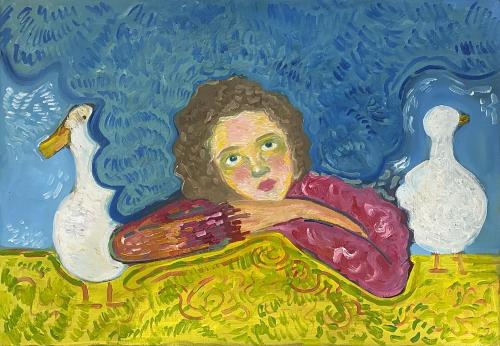 542 - Nour-Oueiss- - Reverie-autour-des-canards - 41x33-cm - Huile-sur-toile